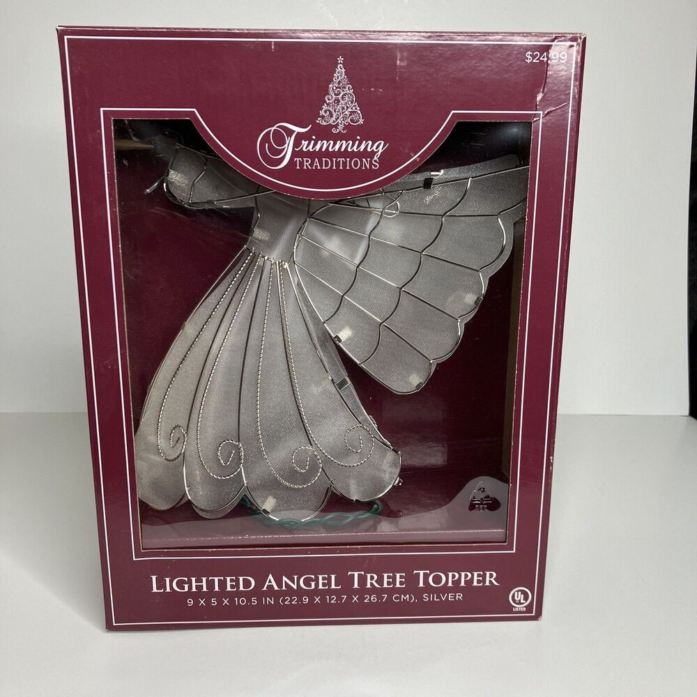 BEAUTIFUL TRIMMING TRADITIONS SPARKLING SILVER LIGHTED ANGEL TREE TOPPER 9"X10.5